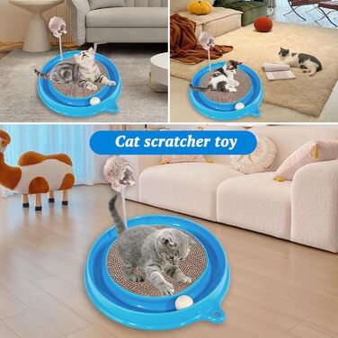 Кігтеточка для котів з м'ячиком та іграшковою мишкою - інтерактивна іграшка для кошенят, тренування та розваги. Ігровий мат для котів, синій.