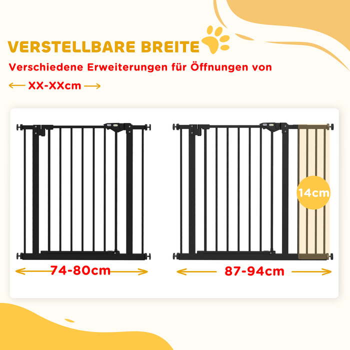 PawHut Door Gate Gate, Шлагбаум, 74-80/87-94 см, Сходові ворота для домашньої тварини, Ворота для собаки в т.ч. різні надставки, Захисні ворота без свердління, Метал, Пластик, Чорний | Аосом