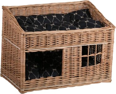 Кішка Будинок Прямокутна з Плетеного Лози, Двоярусний Корз для Кота з Подушкою та Вікном (Чорний, Натуральний)