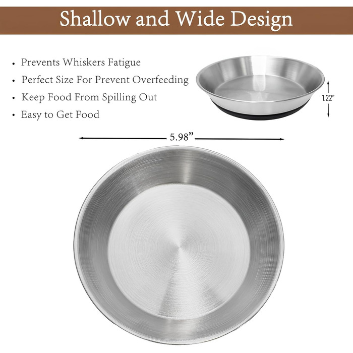 Набір з 2 нержавіючих мисок для котів та цуценят, широкі та плоскі, з антиковзною основою