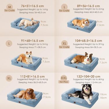 Ортопедичне ліжко для собак великих порід EHEYCIGA, 112x81 см, кошик для собак з Memory Foam, водовідштовхувальне, неслизьке, з високим бортиком, блакитний колір