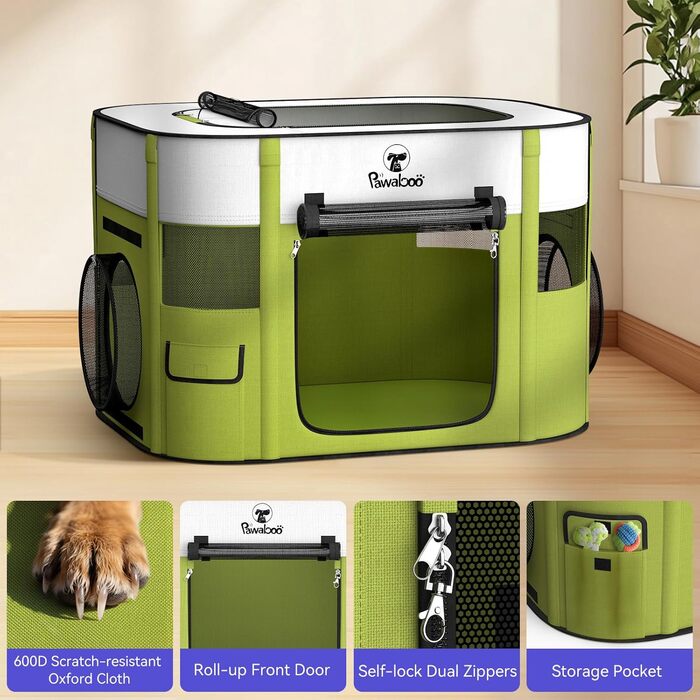 Pawaboo Зручний переносна клітка для тварин, розкладний вольєр для собак та котів з водонепроникного оксфорду, з сумкою для перенесення та мискою, для цуценят, котів, кроликів, для використання в приміщенні та на вулиці, зелений, 80x60x55 см (3-в-1 вольєр