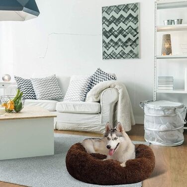 Ортопедичне кругле ліжко для собак XL, великих та середніх порід. Зручне, антистресове, з ефектом пам'яті, водонепроникне, коричневе, діаметр 60 см.