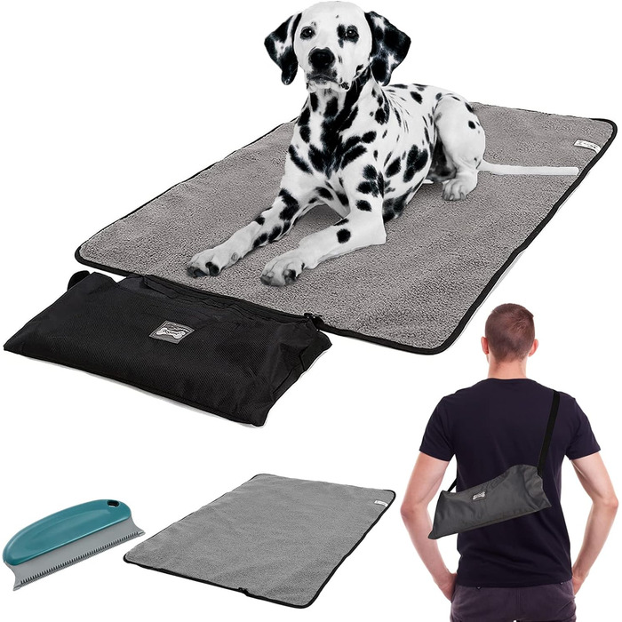 Килимок для собак Outdoor: водовідштовхувальний, 100x70 см, миючий, для подорожей та кемпінгу. З сумкою та щіткою для видалення шерсті. Підходить для собак та котів. Теплий, великий килимок для подорожей (Чорний, вовна)
