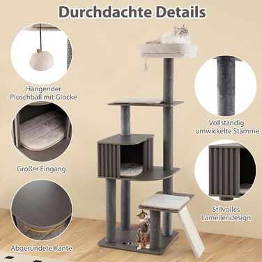 Дерев'яний кігтеточки для котів COSTWAY 151 см з платформами, печерею та іграшкою, сірий. Кліматичний комплекс для котів, кігтеточки-вежа, 58 x 48 x 171 см