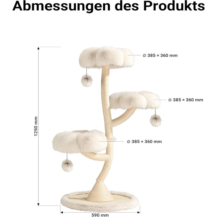 Котячий будиночок-крісло Fudajo з 3 лежаками, котячий комплекс з сизалю та плюшу, висота 125 см, діаметр 59 см, до 15 кг