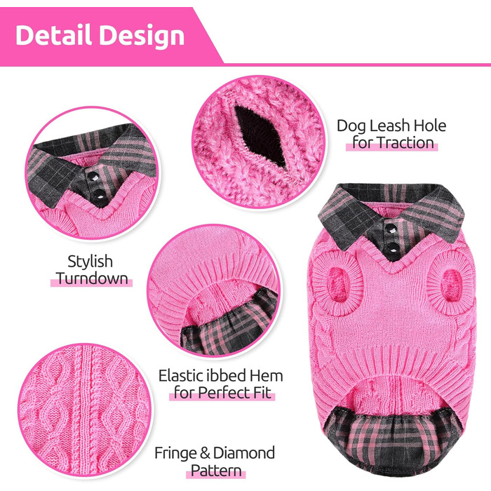 Теплий собачий светр CITE TOILE з візерунком у клітинку, комір-стійка та отворами для повідка – зимовий одяг для собак маленьких, середніх та великих порід, котячий светр на Різдво, Рожевий, XL