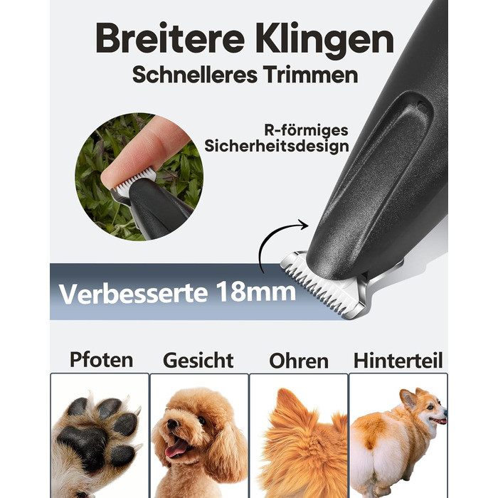 Триммер для собак та котів Pfotentrimmer з LED-підсвічуванням, 18 мм, тихий (35 дБ), водонепроникний, акумуляторний, для догляду за лапами, вухами, обличчям та хвостом (чорний)