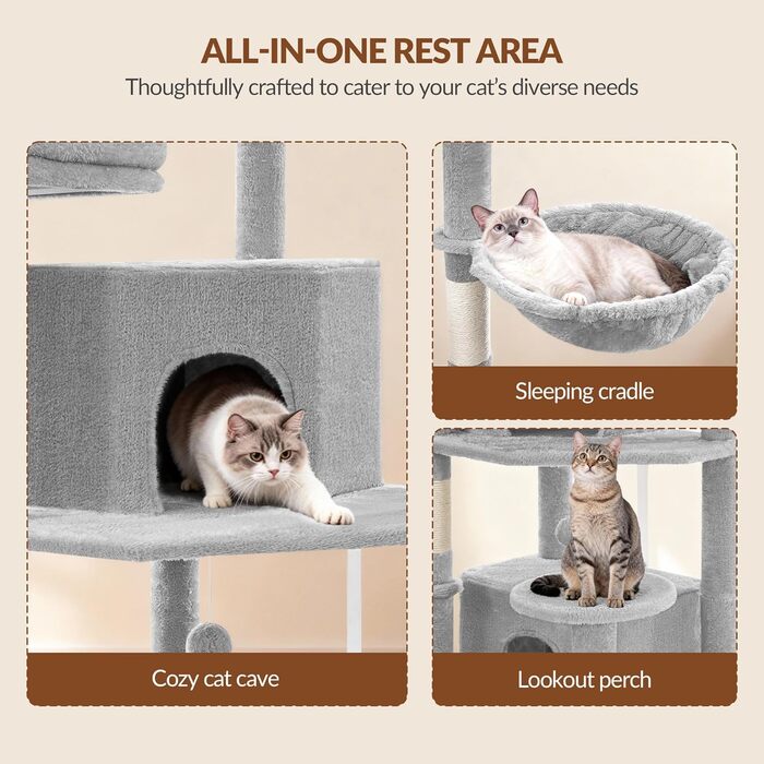 Котячий будиночок Kratzbaum Groß 216 см: великий, стабільний, з 2 печерами, 2 платформами, 2 кошиками та гамаком для дому. FPMS007FG1 (50x40x175 см, світло-сірий)
