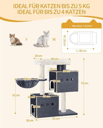 Дерево для котів Hzuaneri, 75 см, зі стійкою конструкцією, великою лежанкою, котячою печеркою, сизалевими стовпчиками, кошиком та іграшками, сірий колір