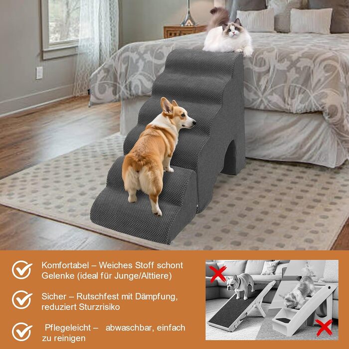 Східці для собак A.FATI 60 см, 6 сходинок, для ліжка, рампи для пружинного матрацу, неслизькі, для маленьких/травмованих собак та котів, темно-сірий колір
