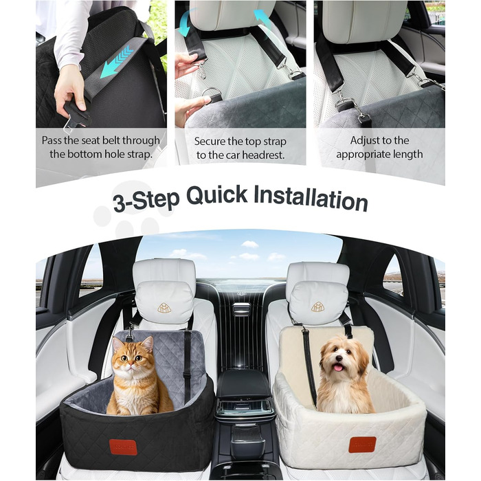 Автокрісло для собак маленьких порід, переносна лежанка для собак з memory foam, знімний та пральний чохол, автокрісло для собак з 3-точковими ременями безпеки (Чорний/Сірий, Маленький)