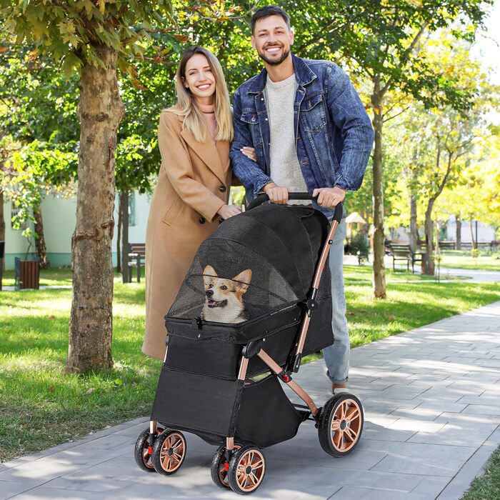 Візок для собак та котів YITAHOME, чорний, до 22 кг, складна конструкція, з сумкою, подушкою, сітковими вікнами та кошиком для зберігання