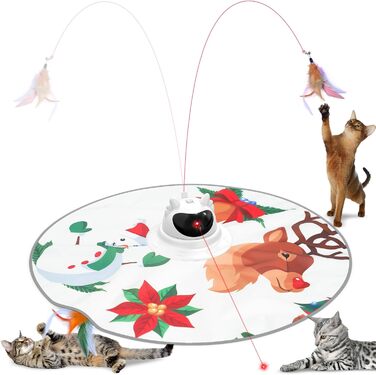 Інтерактивна іграшка для котів 3-в-1 Spessn: хованки, пір'я, лазерний вказівник. Перезаряджувана, для котів будь-якого віку. Біло-червоний дизайн (новорічний стиль)