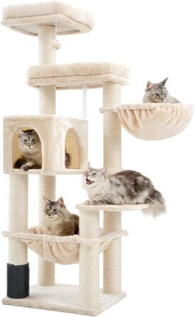 Великий котячий комплекс Hey-brother XXL для мейн-кунів, 168 см, з гамаком, сизалевими стовпами (φ11 см), кігтеточками, 2 платформами, будиночком, корзиною, бежевий EMPJ01M