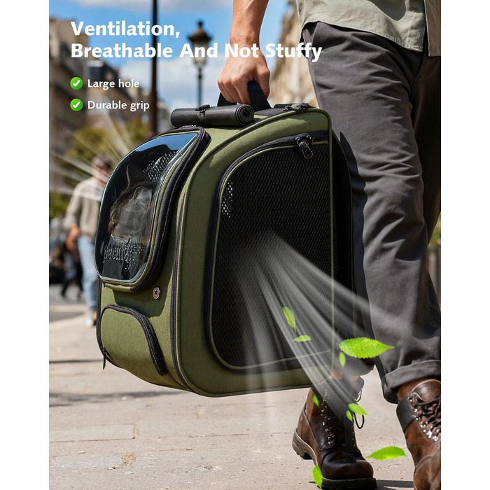 Пек'ют Рюкзак для кота Bubble з сітчастим вікном, переноска для тварин, розширювана, темно-зелений (L 32 x B 26 x H 42 см)