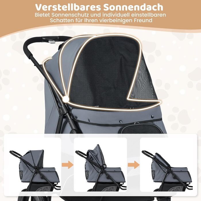 Візок для тварин Costway, розкладний, до 25 кг, для собак та котів, 3 колеса, регульований дах, сітчасте вікно, кошик та подушка, сірий