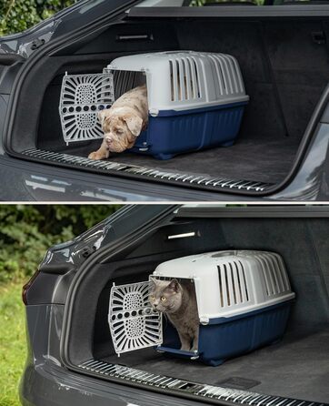 Транспортна переноска для собак Lionto з міцного переробленого пластику, 55x36x36 см, з надійним замком та ручкою для перенесення, підходить для котів та дрібних тварин, для тварин до 15 кг, сірий колір (Темно-синій, Д 48 x Ш 32 x В 33 см)