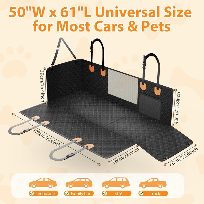 Автомобільний чохол на сидіння для собак, жорстка основа, подовжувач заднього сидіння, підтримує 180 кг, водонепроникний, універсальний, для SUV, позашляховиків, вантажівок, 50'W×61'L
