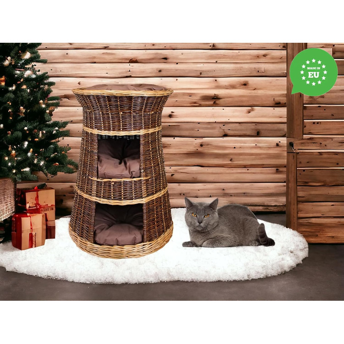 Корзина для котів для сну – котяча хатинка для дому – розмір 43 x 49 x 70 см, кругла – котяча печера з лози, трирівневе ліжко для собак або котів з пральними подушками в бежевому кольорі – лакована корзина (коричневі подушки)