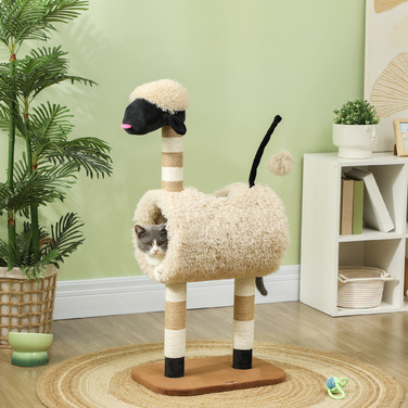 PawHut Cat Tree 98 см Cat Tree з кігтеточкою, тунель, ігровий м'яч, кігтеточка для кішок в дизайні Sheep, для кішок до 5 кг, світло-коричнева | Аосом