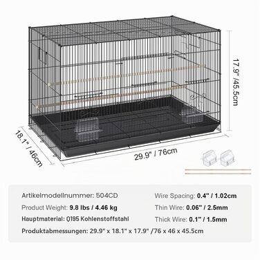 Клітка для птахів VEVOR Vogelvoliere 76x46x45 см, сталь Q195, для 2-3 середніх/великих птахів, з дверцятами безпеки