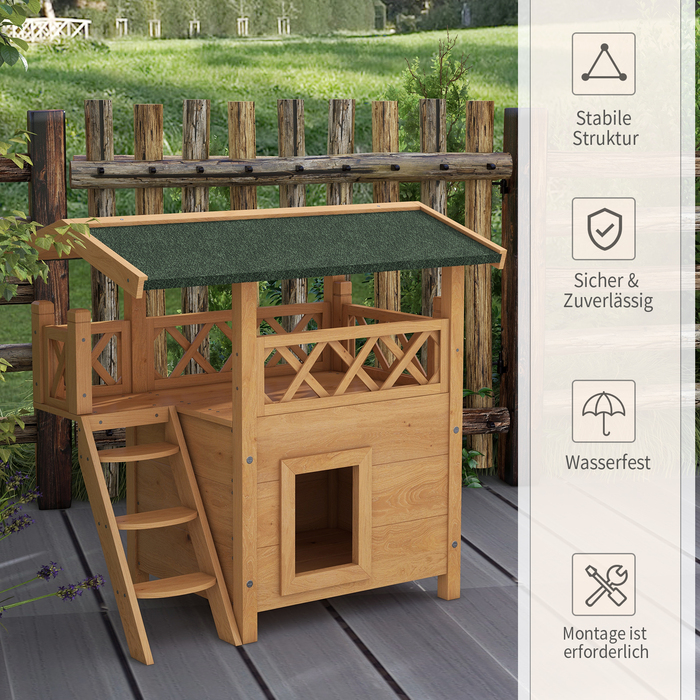 PawHut Cat House 2-поверховий з асфальтовим дахом і балконом, вілла для кішок з масиву дерева зі сходами, натуральна, 77x50x73см| Аосом