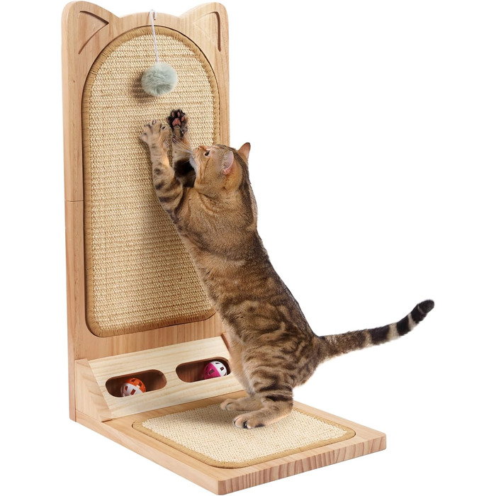 Котячий когтетоп MALOROY з масивного дерева, 58 см, L-подібний когтетоп з картону, стійкий, з іграшкою-м'ячиком, для стіни та кута