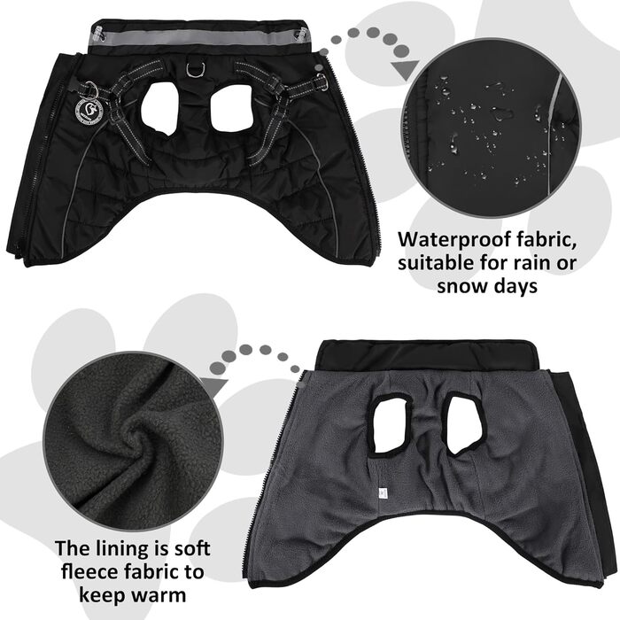 Зимовий одяг для собак: тепла куртка з LED-краваткою, світловідбиваючі смуги, водонепроникний, для маленьких та середніх собак (Чорний, XXL)