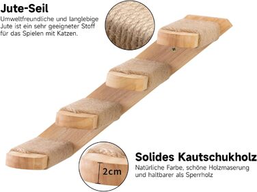Кігтеточка-стіна для котів FUKUMARU, дерев'яна стіна для котів, лежанка на стіні з масивного гумового дерева, для котів до 15 кг, з джутового мотузка для дряпання (зліва направо)