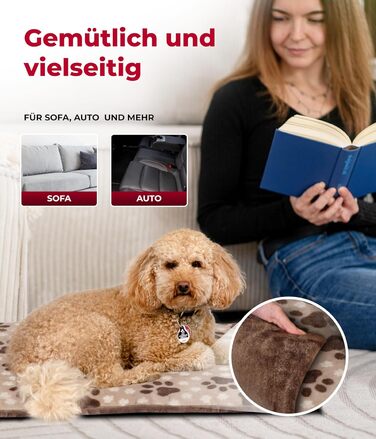 Лежак для собак HS-Hundebett® M 65x95 см, двосторонній, зручний, з 3 см наповнювачем, для дивану, авто та клітки, бежевий з лапкою, вироблено в Німеччині