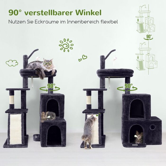 Дерево для котів Globlazer з міцною основою, 2 будиночки, поворотний на 90°, платформа з м'яким покриттям, когтеточка з сизалю, іграшки для котів, велике дерево для котів, дорослих котів та кошенят (XL, темно-сірий)