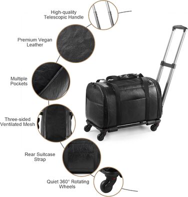 Сумка-переноска для тварин з екошкіри на колесах, для собак та котів до 6,8 кг, підходить для авіаперельотів, кемпінгу (чорна)