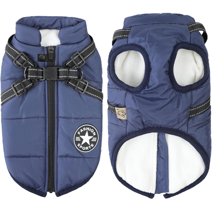 Тепла зимова куртка для собак Aiboria, XL, блакитна: вітро- та водонепроникна, 2-в-1, жилет-упряж для цуценят