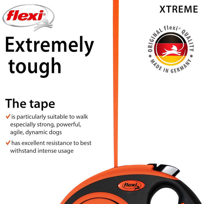 Рулетка для собак Flexi Xtreme L - міцна, 7.9 м, посилене гумове обплетення, світловідбиваючі елементи, регульована ручка, оранжево-чорний, Large
