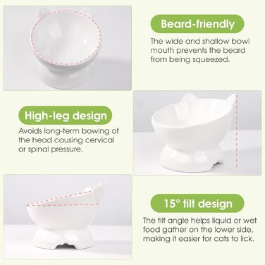 Набір мисок для котів (2 шт.), підняті, з захистом шиї, 15° нахил, кераміка, для корму та води - білий