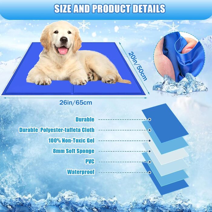 Килимок охолоджуючий для собак, 65 x 50 см, самоохолоджуючий, блакитний. Безпечний гель, легко миється, освіжає у спеку.