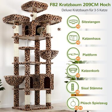 Драбина для котів Globlazer XXL, 209 см: 3 стійкі лежанки, 2 будиночки, 2 кошики, велика платформа, іграшки, стабільна для 3-5 котів. Leoparden