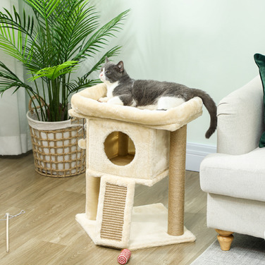 PawHut Драбина для котів з джутовим покриттям для заточування кігтів, лежанка, іграшковий м'ячик, будиночок для котів, бежевий, 40 x 40 x 57 см