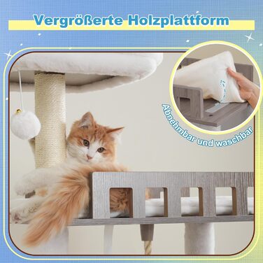 Дерев'яний кігтетопор Hey-brother Holz Kratzbaum 184см для великих котів, багатоярусний, зі стійкою платформою, кошиком, будиночком, щіткою та драбиною (Gris Vintage)