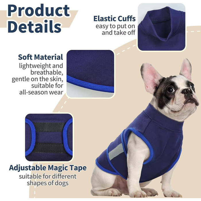 Жилет-заспокоювач для собак IECOii, регульований, з світловідбиваючими смугами, для собак маленьких порід, розмір S (XS, обхват грудей 30-41 см), темно-синій