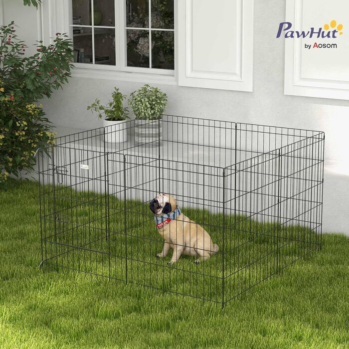 PawHut вольєр для цуценят 76 см, 8-секційний вольєр для собак з замком, DIY вольєр для собак середнього розміру, морських свинок, кроликів, метал, чорний