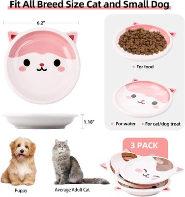 Набір мисок для котячого корму та води з кераміки, 3 шт. - здоровий вибір для сухого та вологого корму. Широкі, плоскі миски для котів, що зменшують дискомфорт від вусів, з неслизьким дном.