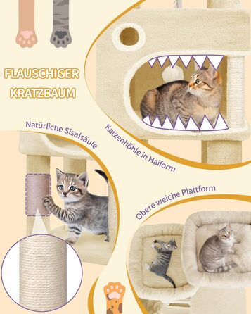 Драбина-кіготь для котів Hzuaneri, 159 см, з 8 стовпчиками, 3 платформами, 2 хованками, кошиком, плюшевими кульками та мотузкою з сизалю. Підходить для котів різних розмірів. MS15918LG (Бежевий)