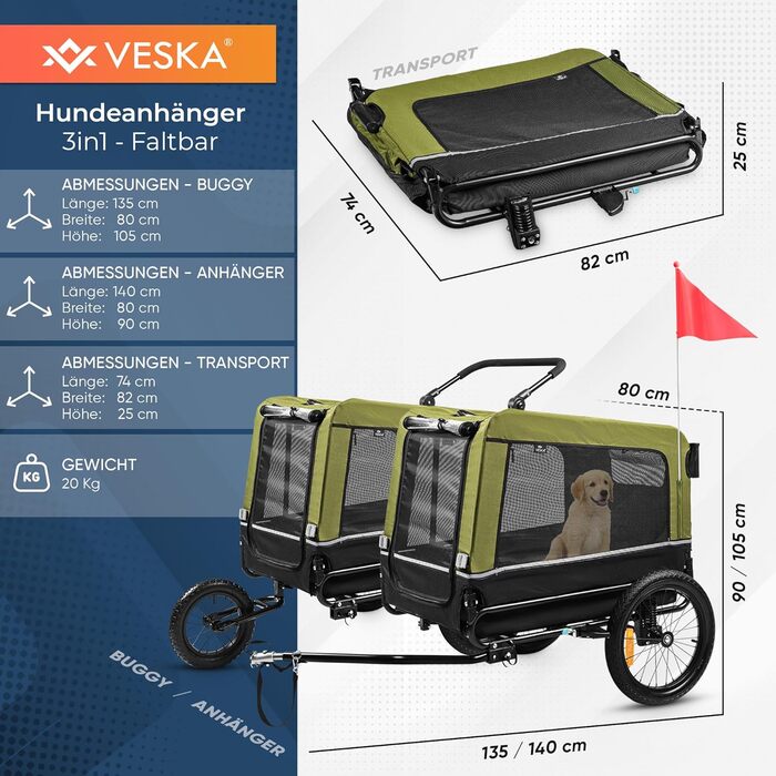 Фаркоп-причіп 3в1 для собак: причіп, візок, джогер. Об'єм 240 літрів, подвійне збирання, синій, складаний