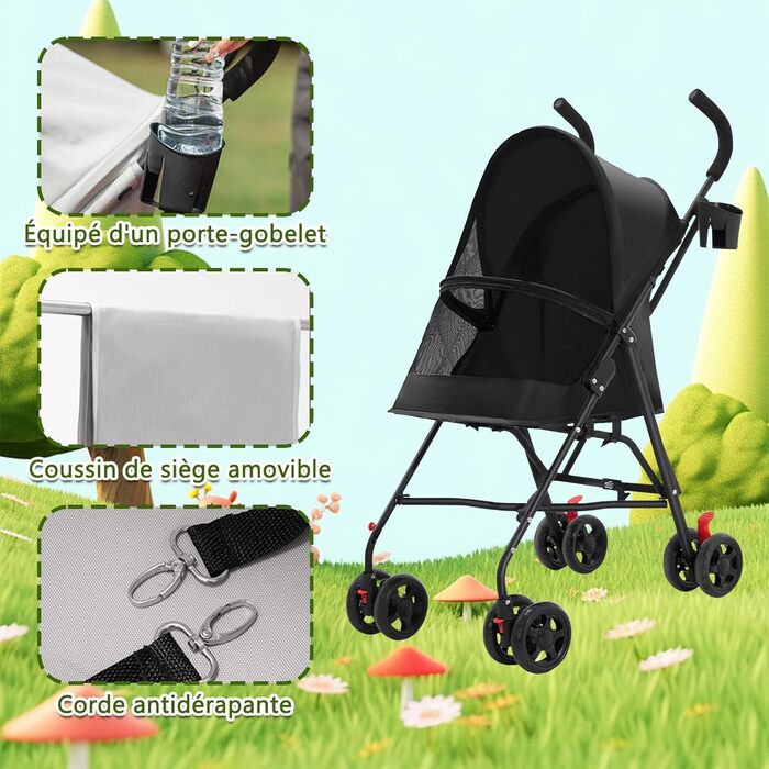 Дитяча коляска для тварин Homewell, складана, з тримачем для напоїв та ременем безпеки, вантажопідйомність 15 кг, колеса з блокуванням, чорна