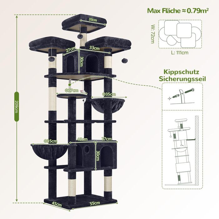 Комплекс для котів Globlazer XXL (209 см) з сірими платформами, будиночками та іграшками для 3-5 котів
