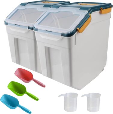 Контейнери для зберігання їжі з кришкою та колесами, 10 кг, великі, герметичні, для корму для собак та котів, борошна, мюслі, горіхів, бобів, з мірним стаканом та лопаткою, блакитні, 2 шт.