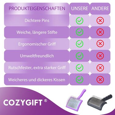 COZYGIFT щітка для собак з середньою та довгою шерстю, велика, для видалення шерсті, ковтунів і вузлів, з довгими щетинками, у комплекті гребінець, фіолетова