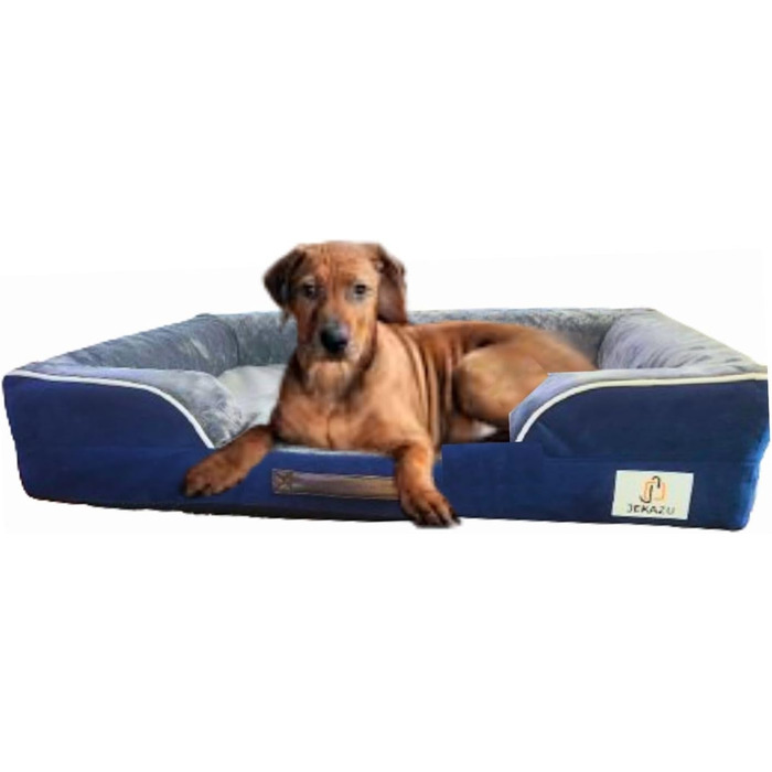 Ортопедичне ліжко для собак великих порід, вологостійке, з memory foam, знімний чохол, антиковзаюча база (89 x 64 x 17 см, блакитний/сірий)